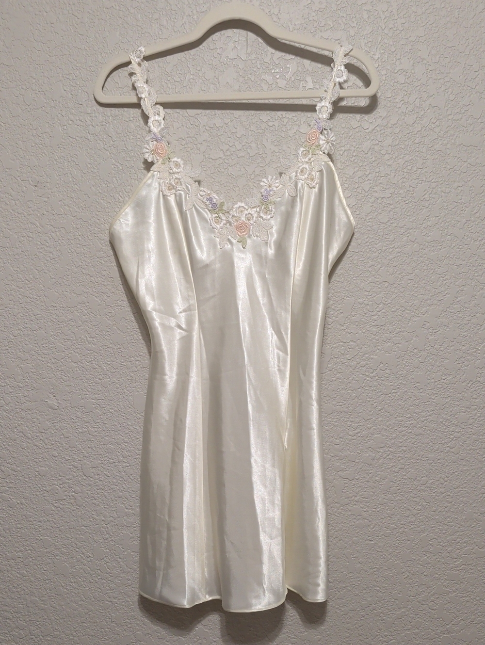 California Dynasty vintage cream satin floral embroidered mini slip dress